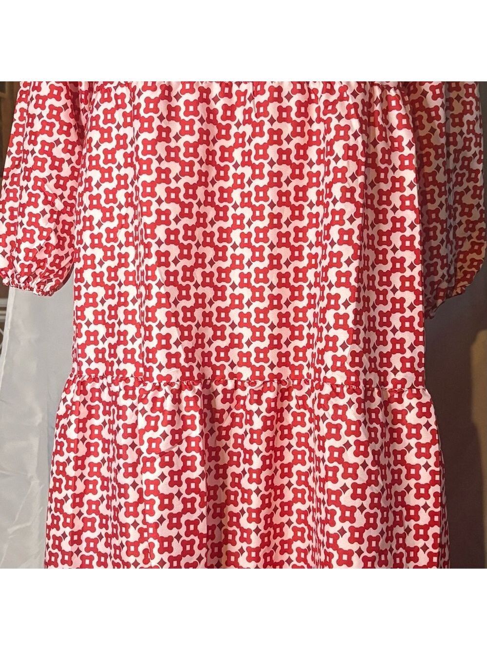 Red & White Geometric Print Tiered Maxi Dress | Long Puff Sleeve Boho